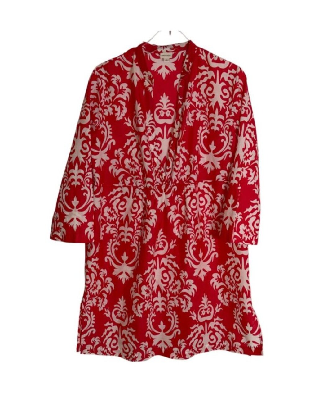Merona Red White Damask Swim Cover Up Tunic Large 100% Cotton